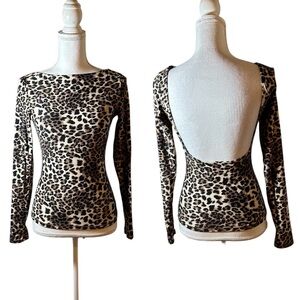 Qinsen Leopard Print Long Sleeve Open Back Top - Beige/Black